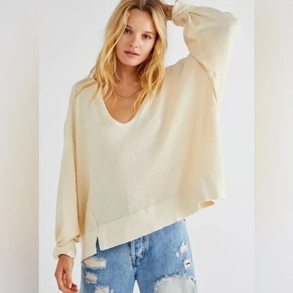 Free People Santa Clara Thermal Pullover Sweater Top in Alabaster Waffle Knit - Picture 12 of 12